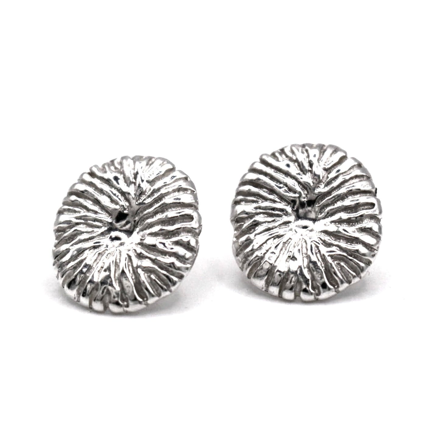 Sculptural sterling silver coral stud earrings side view handcrafted in Valencia Spain