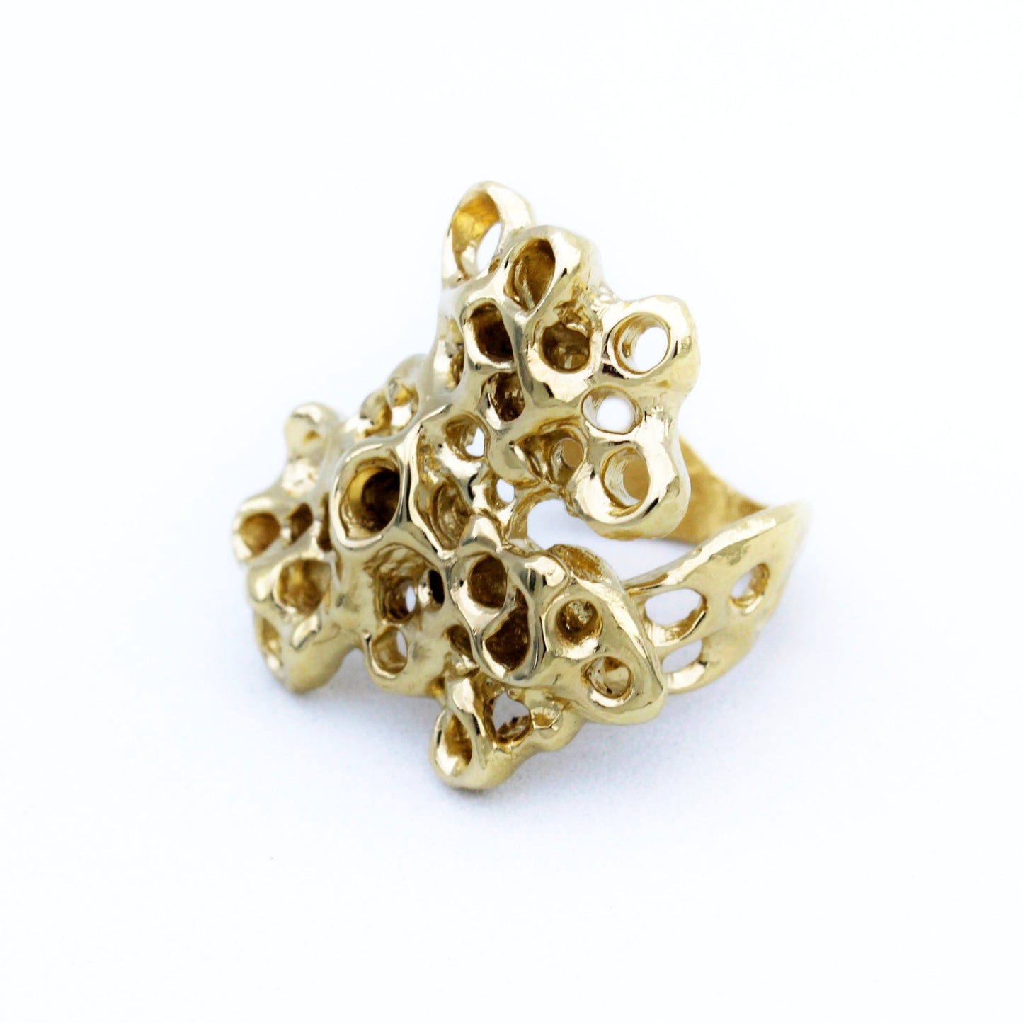 Gold plated statement ring with barnacle inspired sculptural design, meaningful artisan jewelry