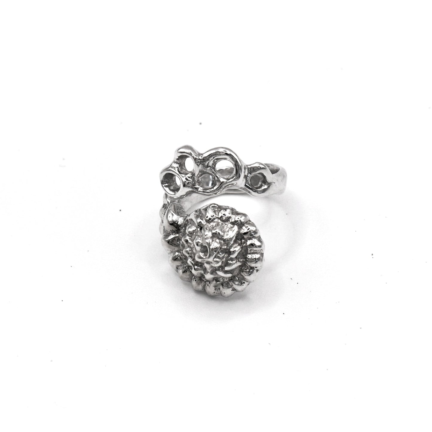 Sculptural Raíz Shell Ring symbolizing resilience and connection to nature.
Anillo escultural Raíz Shell que simboliza resiliencia y conexión con la naturaleza.