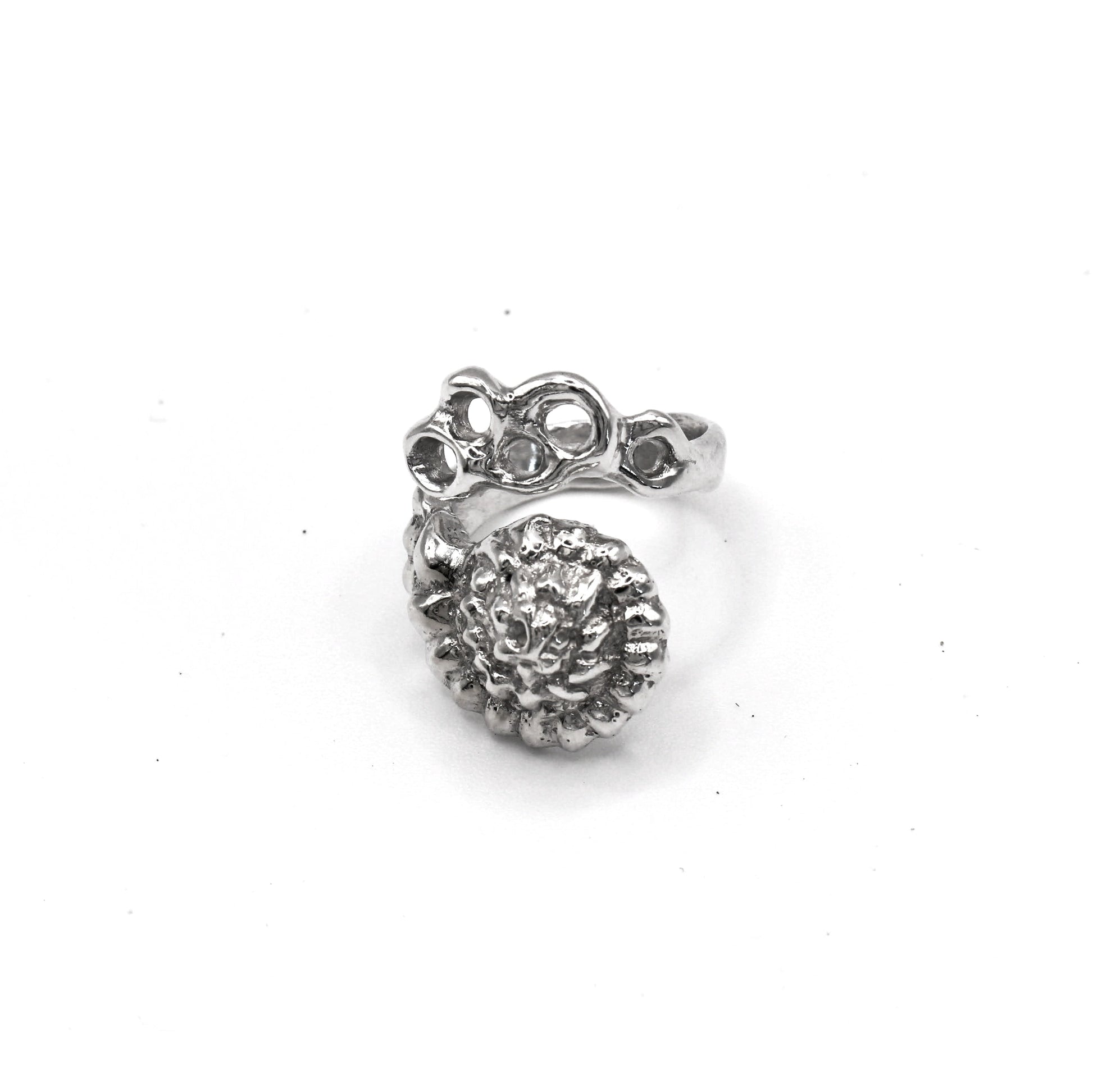 Sculptural Raíz Shell Ring symbolizing resilience and connection to nature.
Anillo escultural Raíz Shell que simboliza resiliencia y conexión con la naturaleza.