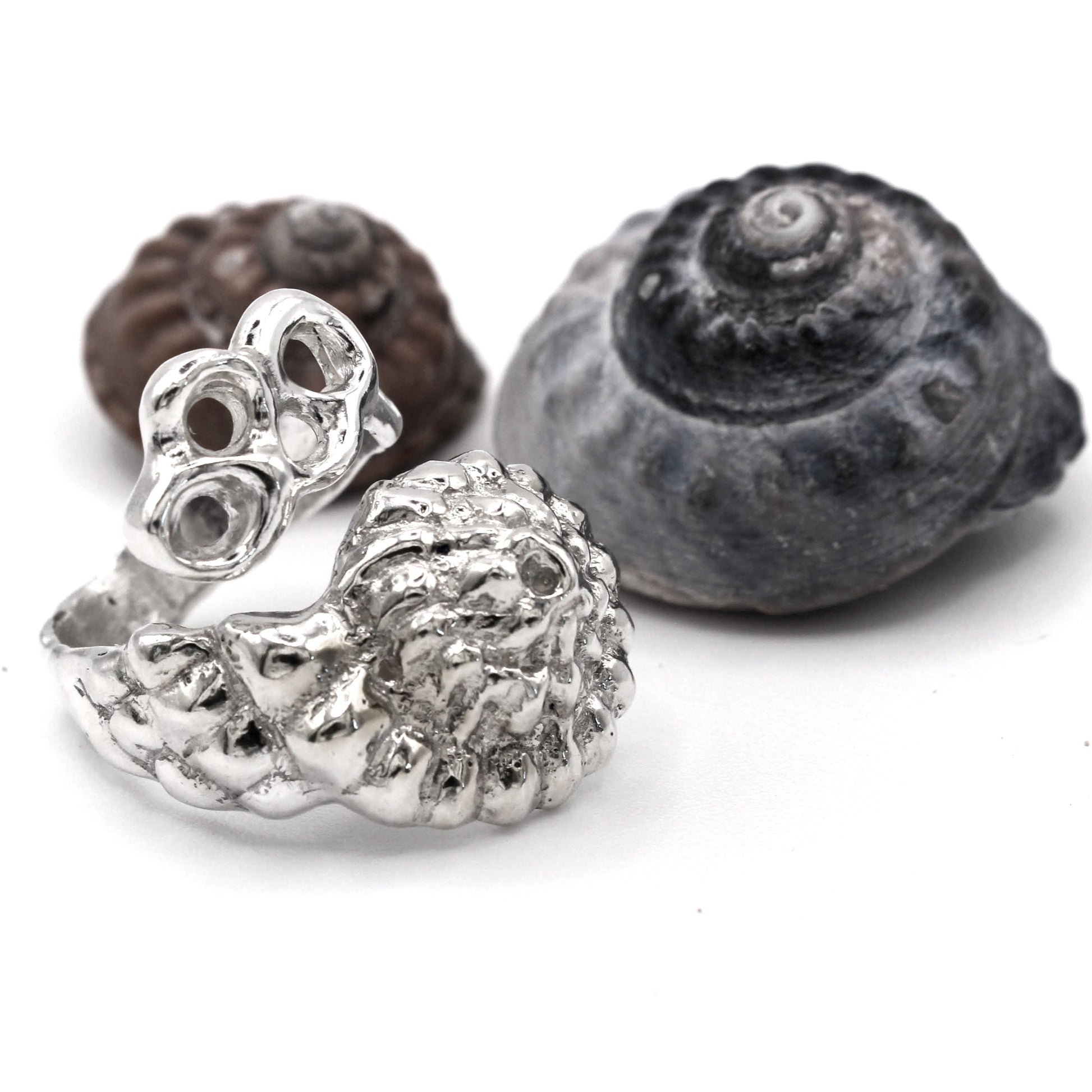 Side view of Raíz Shell Ring, organic silver ring handmade with lost wax casting.
Vista lateral del Anillo Raíz Shell, anillo orgánico en plata hecho a mano con cera perdida.