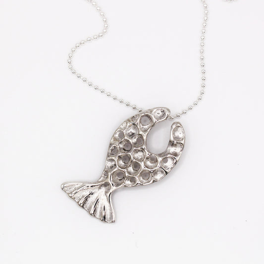 Sterling silver fish pendant, handcrafted using the lost wax casting technique. Unique Mediterranean-inspired jewelry, perfect for ocean lovers and sustainable fashion enthusiasts. Ethical and nature-inspired design, capturing the beauty of marine life in recycled silver