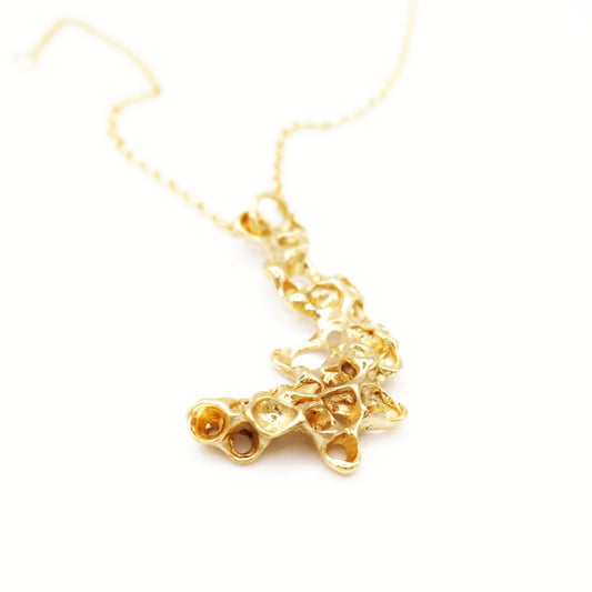 Raíz pendant handcrafted in sterling silver with a gold-plated finish. Mediterranean-inspired jewelry featuring organic textures and a sculptural design reminiscent of coral clusters. A bold yet elegant sustainable pendant for nature and contemporary jewelry lovers, crafted by Naturalesa.