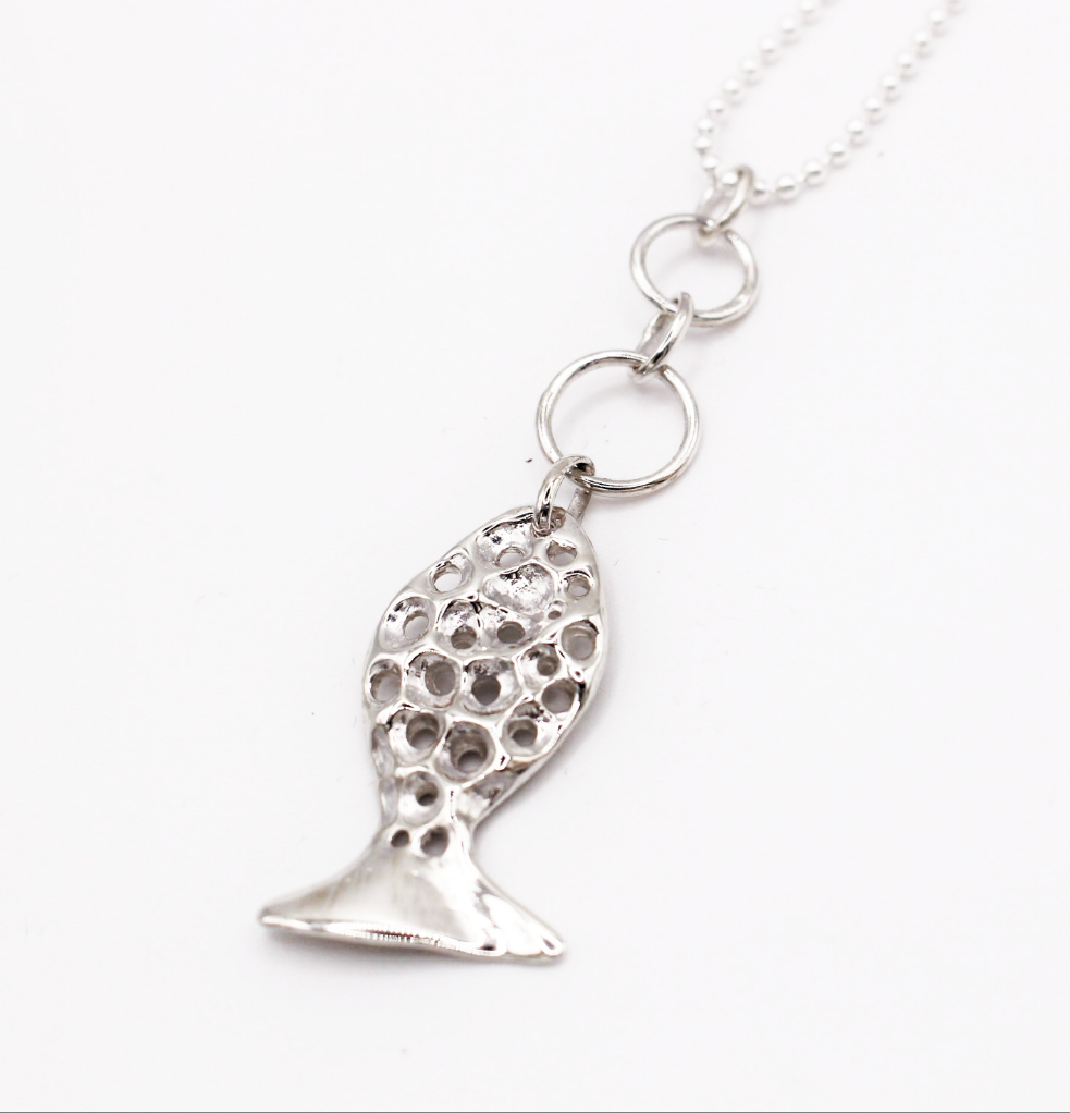 Sterling silver fish pendant, handcrafted using the lost wax casting technique. Unique Mediterranean-inspired jewelry, perfect for ocean lovers and sustainable fashion enthusiasts. Ethical and nature-inspired design, capturing the beauty of marine life in recycled silver