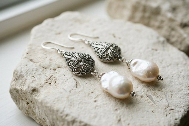 Raiz Silver Earrings with Biwa Pearls