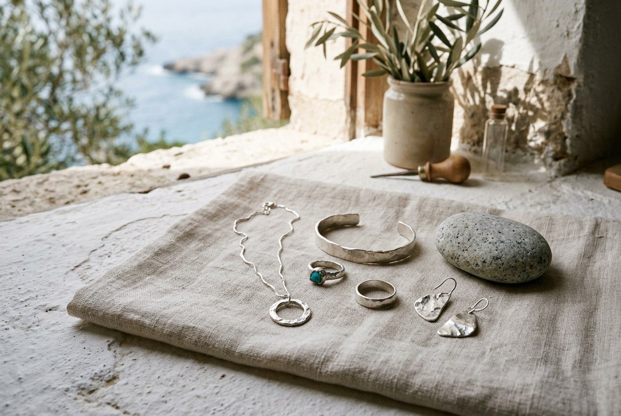 Hand-made recycled silver jewellery on linen by the Mediterranean