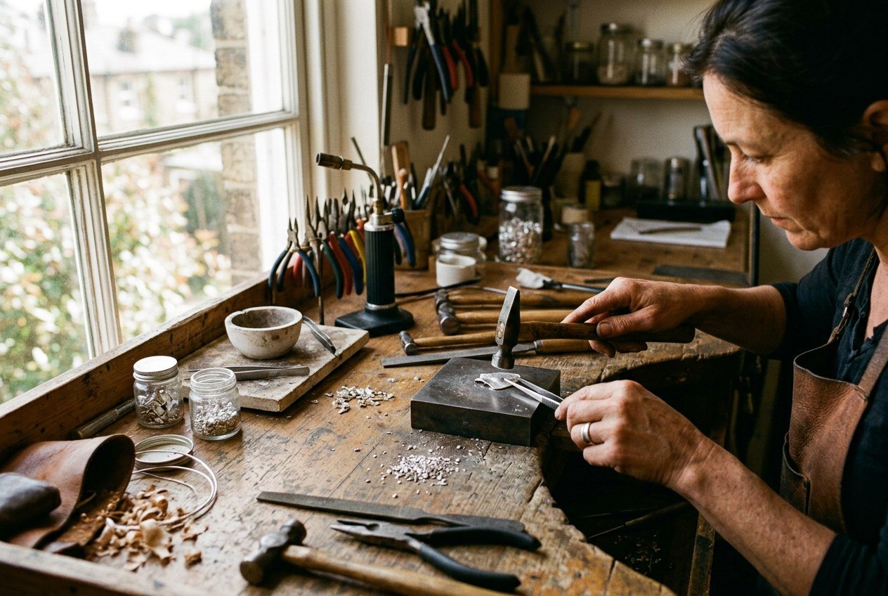 Artisan working recycled silver at the bench