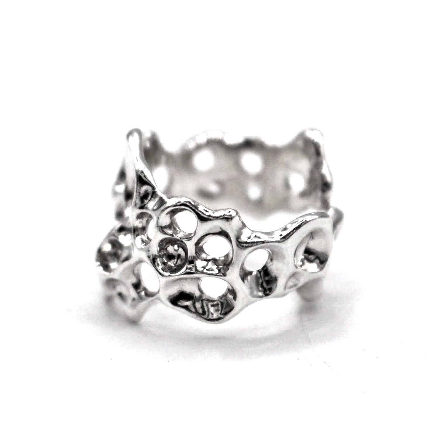 Organic adjustable wide sterling silver ring coral inspired handmade in Spain