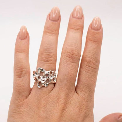 Wide adjustable sterling silver coral ring worn Mediterranean statement jewelry handmade