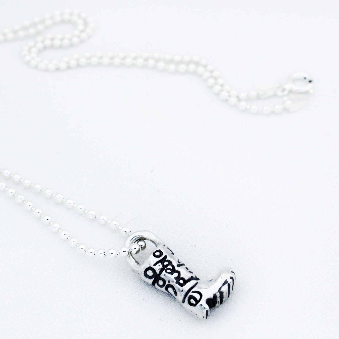 Sterling Silver 925 Beaded Chain Necklace with Solidarity Charm Silver 925 Rain Boot with engraved message Solo el Pueblo Salva al Pueblo
