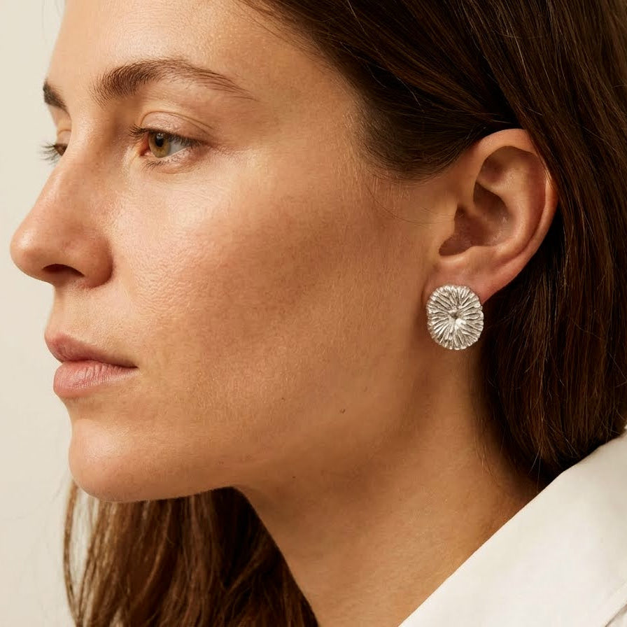 Sculptural sterling silver coral stud earrings side view handcrafted in Valencia Spain