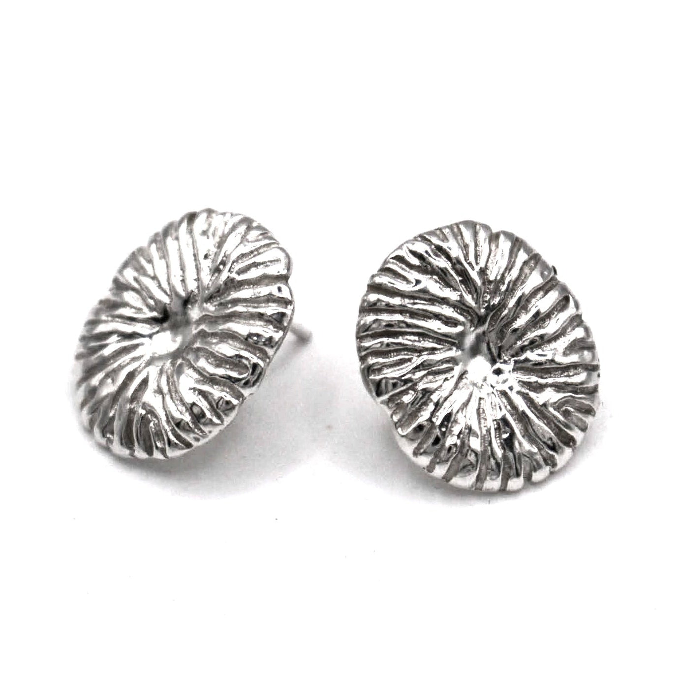 Textured 925 sterling silver coral stud earrings close up Mediterranean sea inspired design