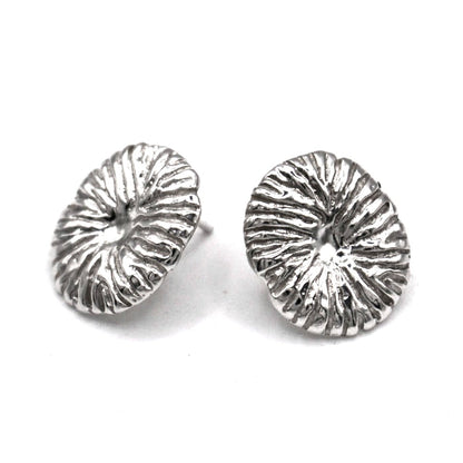 Textured 925 sterling silver coral stud earrings close up Mediterranean sea inspired design