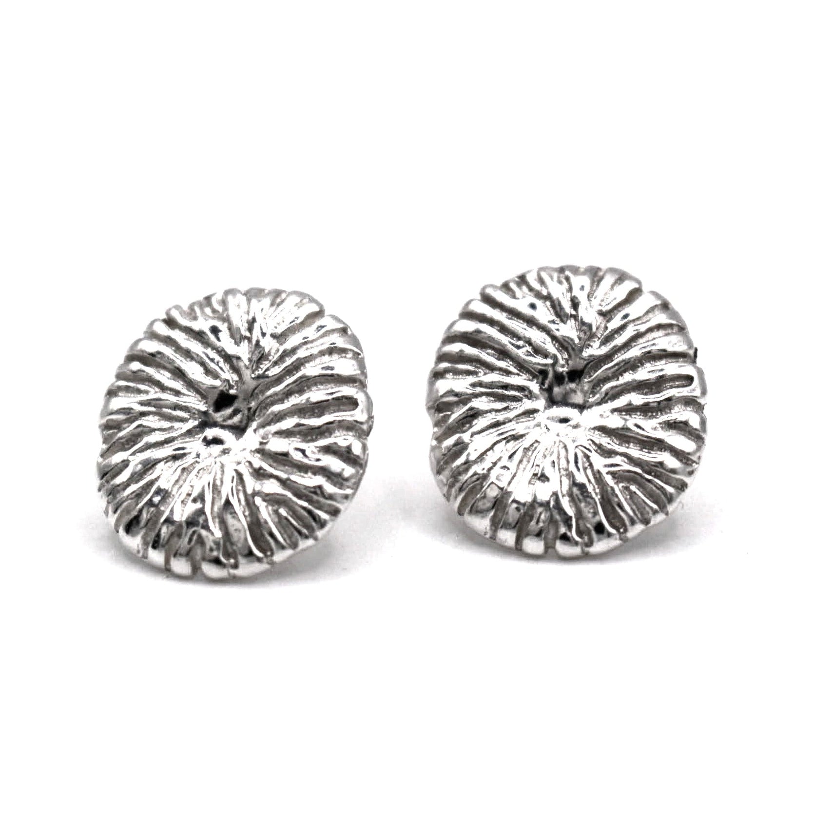 Sculptural sterling silver coral stud earrings side view handcrafted in Valencia Spain