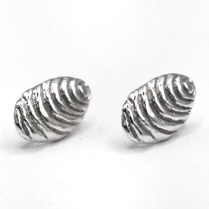 Pair of silver shell-shaped earrings on a white background. Textured 925 silver oval sun earrings Mediterranean inspired jewelry