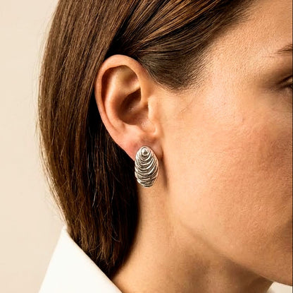 Organic silver sun stud earrings worn minimalist Mediterranean jewelry handmade