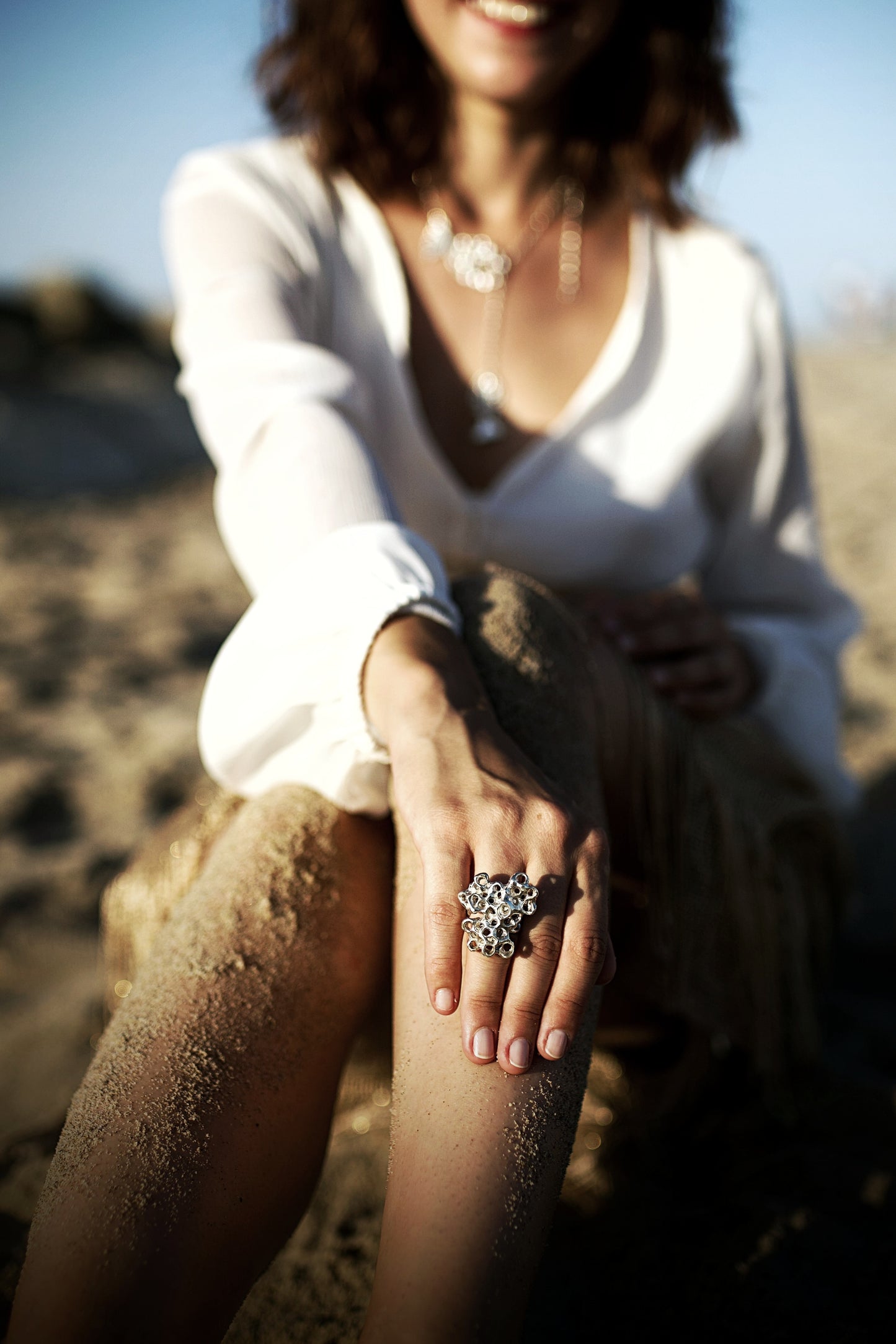 statement silver contemporary ring on hand designer ring ocean inspired design